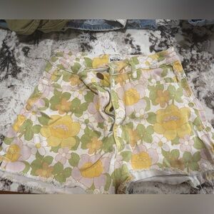 Show Me Your MuMu Yellow and Green Floral Jean Shorts